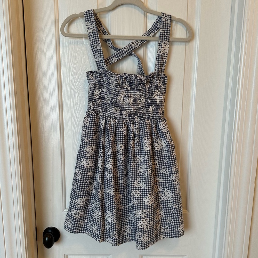 American Eagle blue gingham floral linen blend dress Small